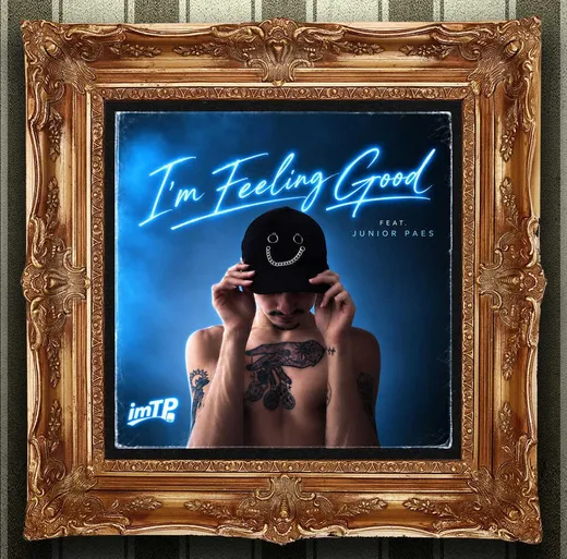 A gilded frame on the estate's striped wallpaper, holding the cover of I'm Feeling Good