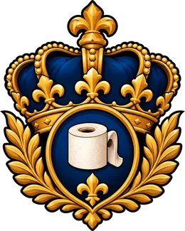The Paperson family crest: a gold crown and laurels around a toilet roll